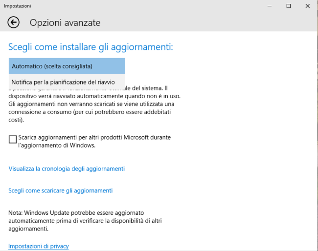 Windows 10 Home, aggiornamenti automatici