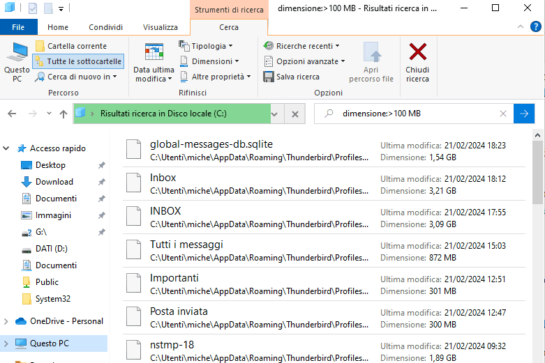 Cercare file pesanti sul disco C: con Esplora file