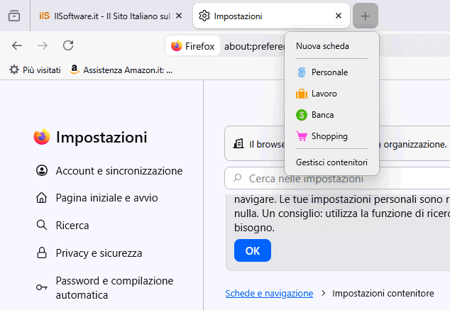 Apertura nuova scheda container Firefox