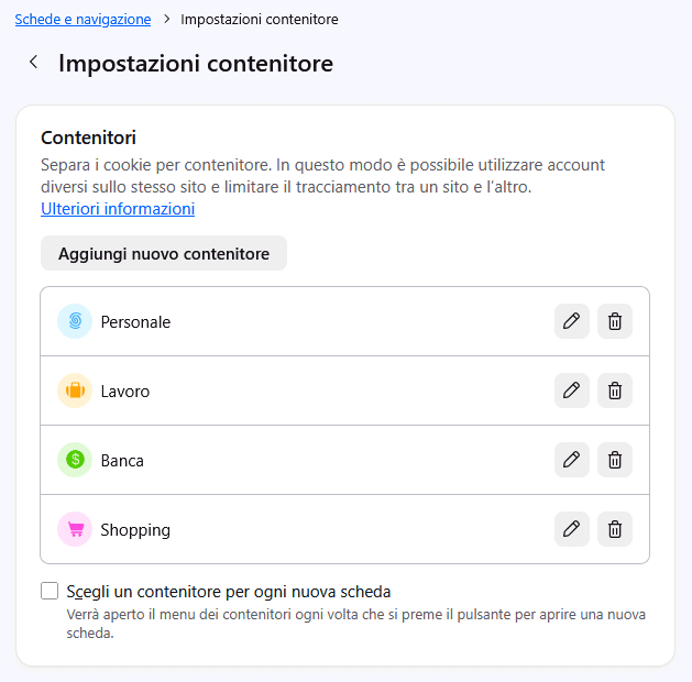 Impostazioni Containers Firefox