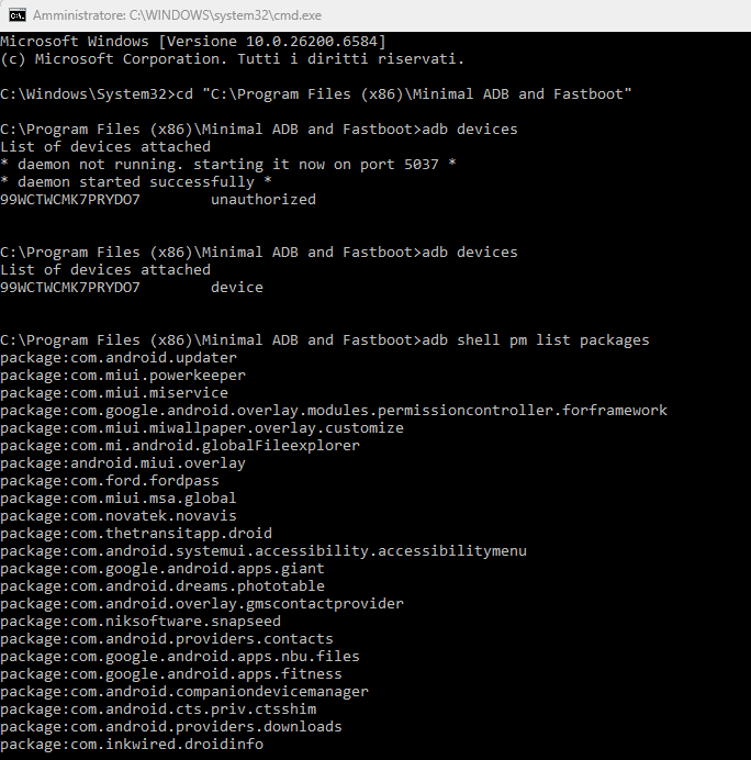 Lista app Android installate con ADB