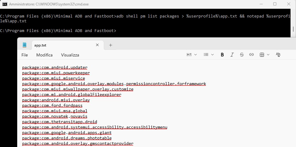 Esportazione lista app Android installate ADB