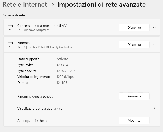 Velocità interfaccia Ethernet Windows Mbps