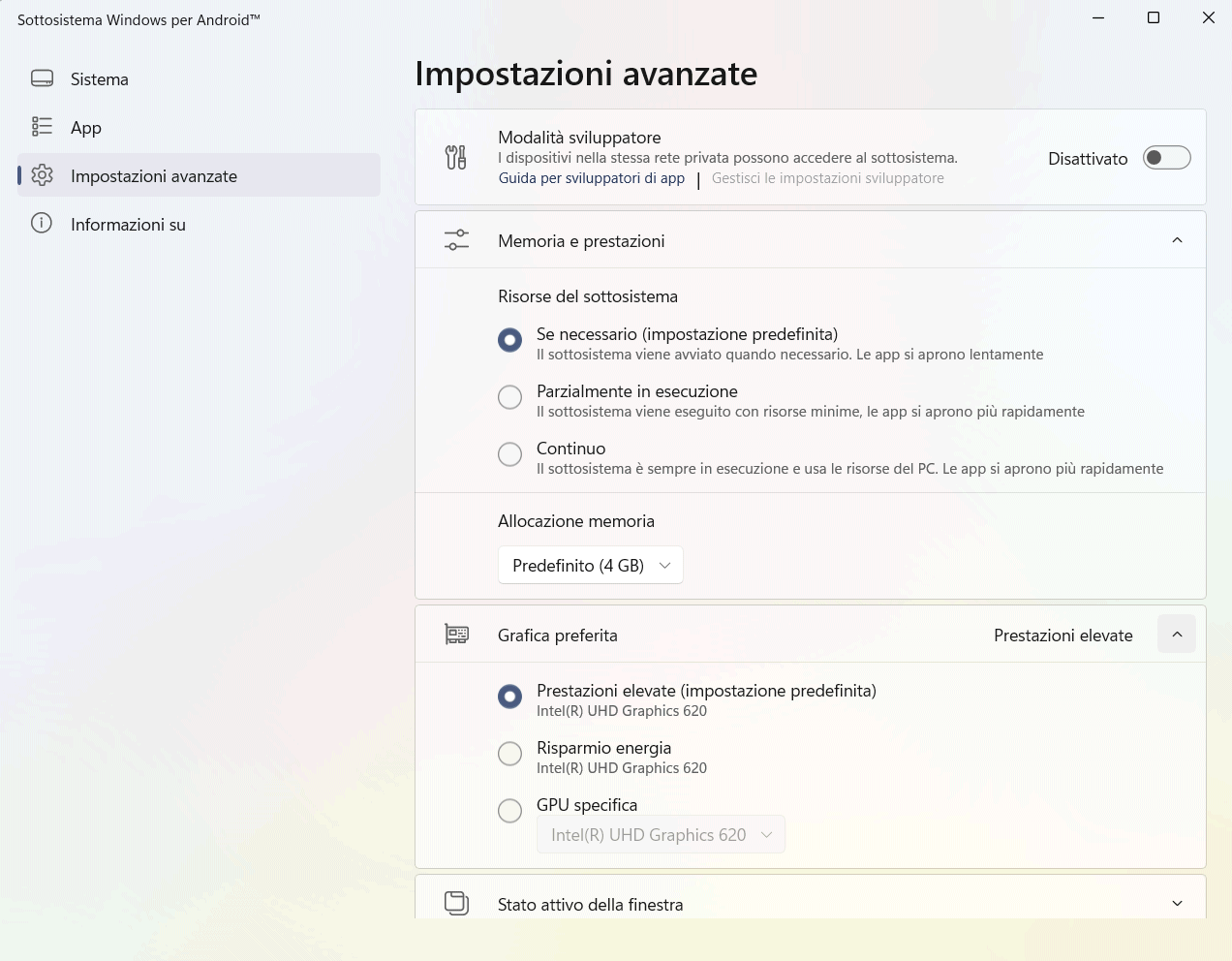 Impostazioni avanzate WSA: memoria RAM e grafica