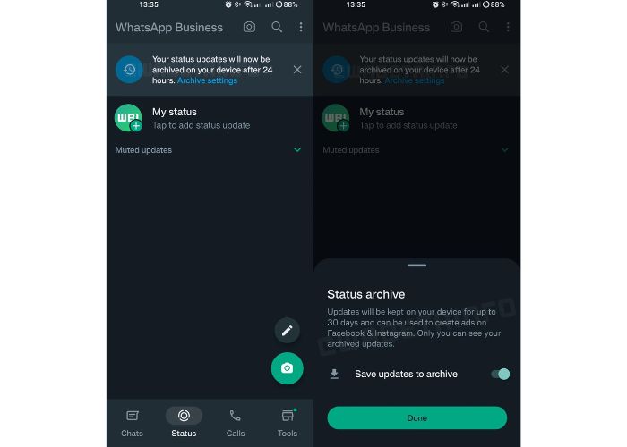 WhatsApp business status archive 