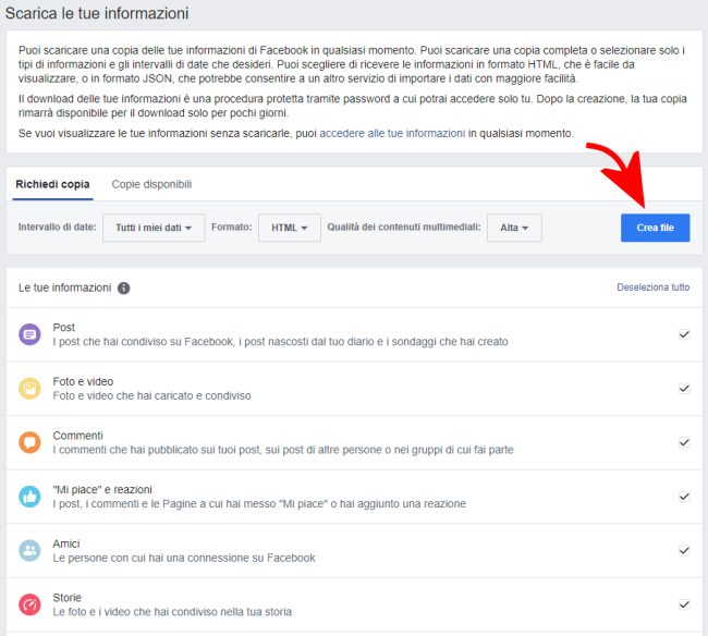 Cosa sa Facebook di me: scaricare foto e testi