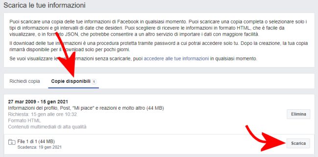 Cosa sa Facebook di me: scaricare foto e testi