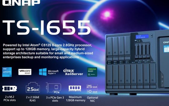 NAS QNAP TS-1655, elevata capacità di archiviazione e prestazioni. Ideale per backup aziendale e virtualizzazione