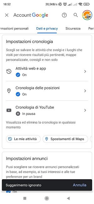 Impostazioni Google Android, cronologia attivita