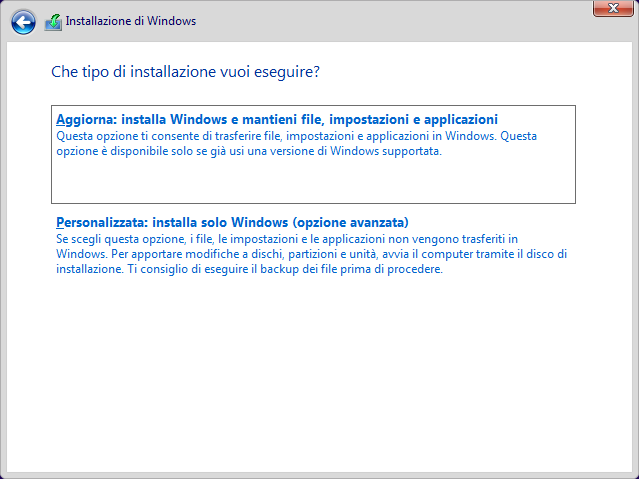 Installazione personalizzata Windows