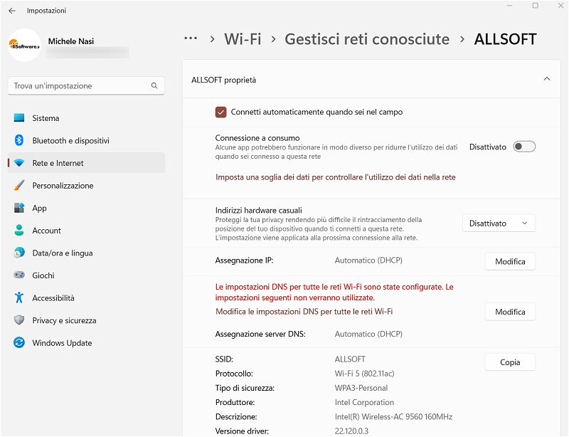 Proprietà rete WiFi Windows 11