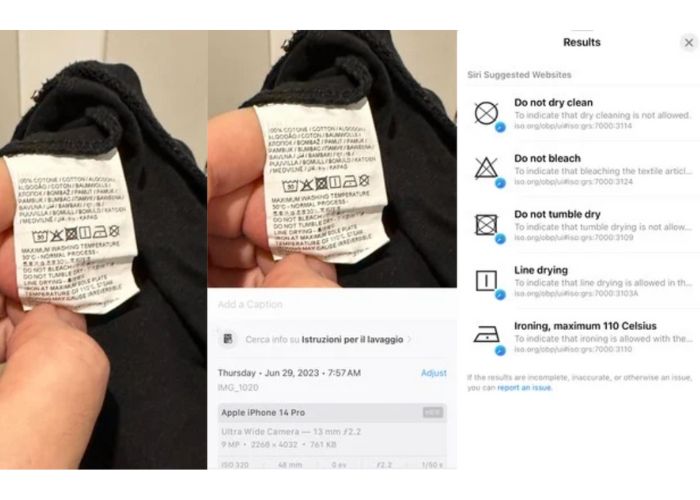 iOS 17 etichetta vestiti lavaggio screenshot 