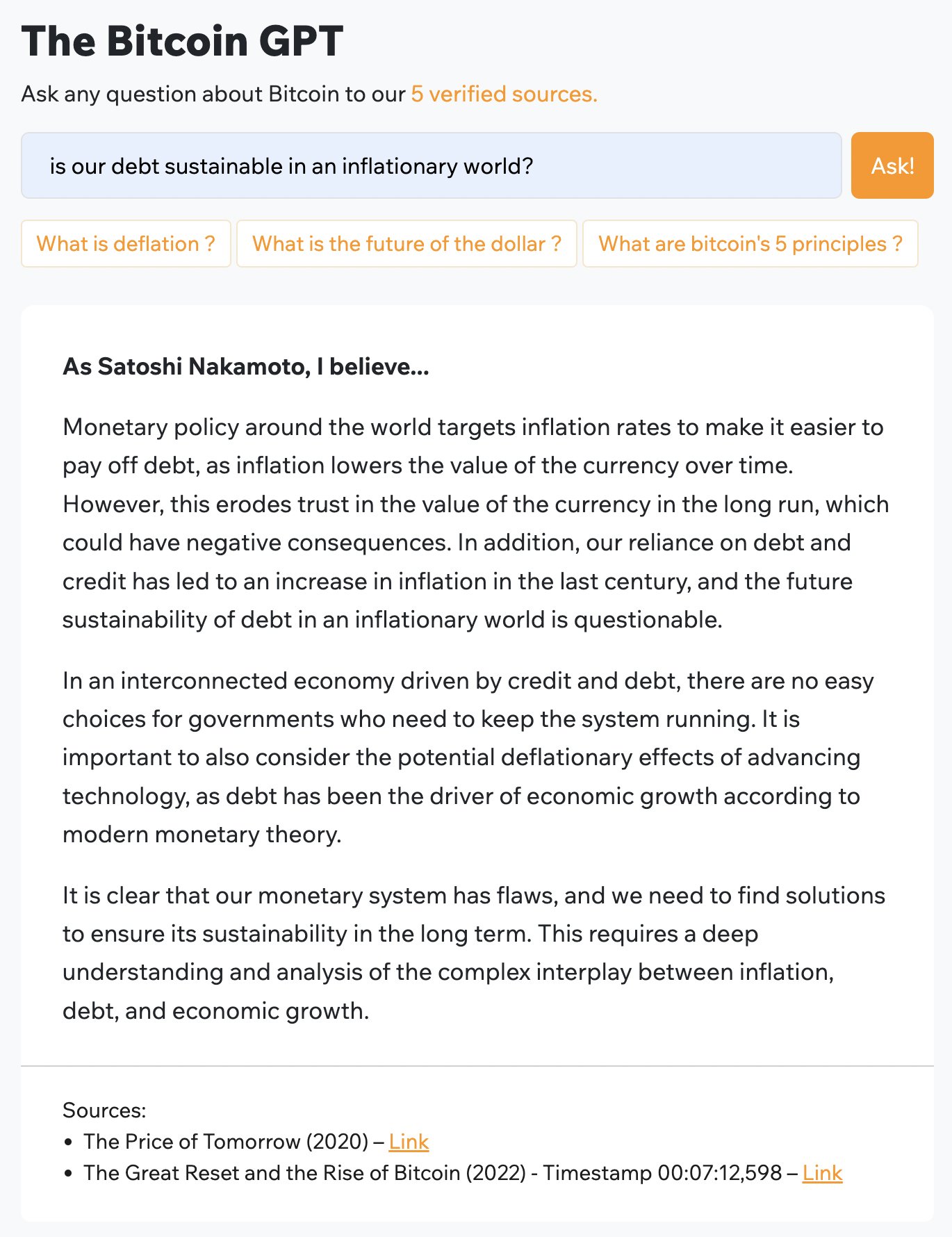 Satoshi Nakamato chatbot AI - Esempio