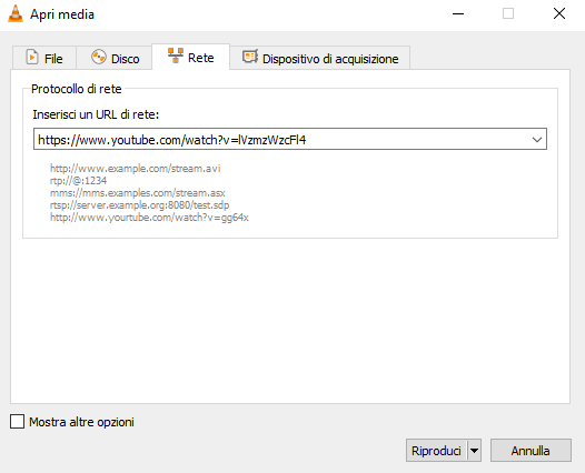 Aprire video YouTube VLC