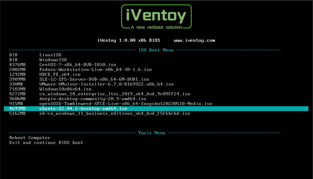 Menu avvio iVentoy: boot via PXE