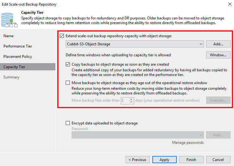 Copia dati di backup su Capacity tier Cubbit