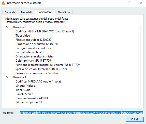 Posizione video YouTube: copia URL con VLC