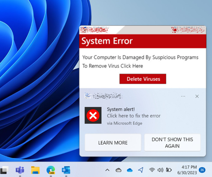 Notifica di spam - Esempio Windows 11