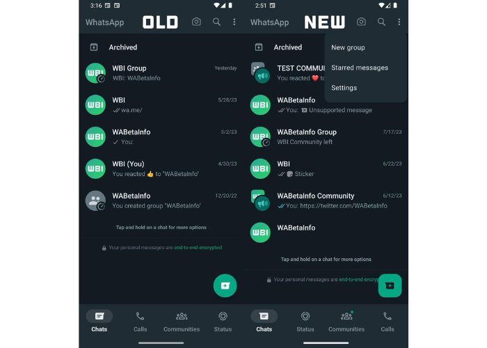 WhatsApp aggiornamento Material Design menu barra navigazione screenshot