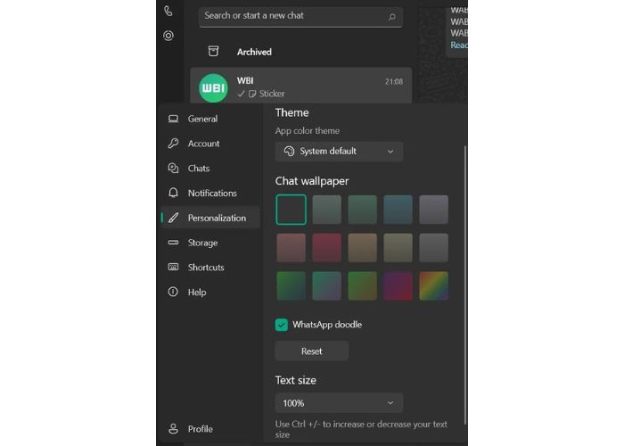 WhatsApp beta Windows dimensioni testo 