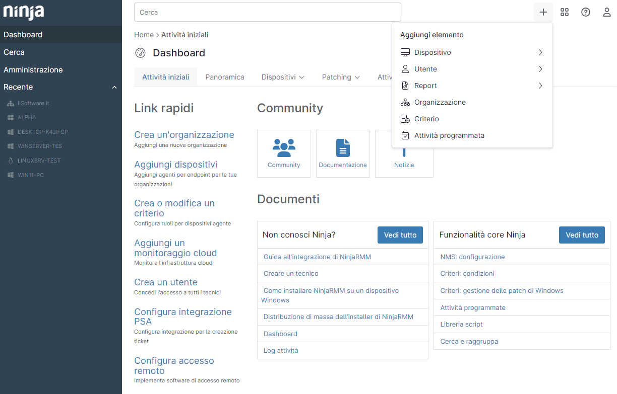 Dashboard NinjaOne: aggiunta organizzazioni e dispositivi