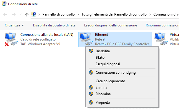 Disattivazione interfaccia rete Windows