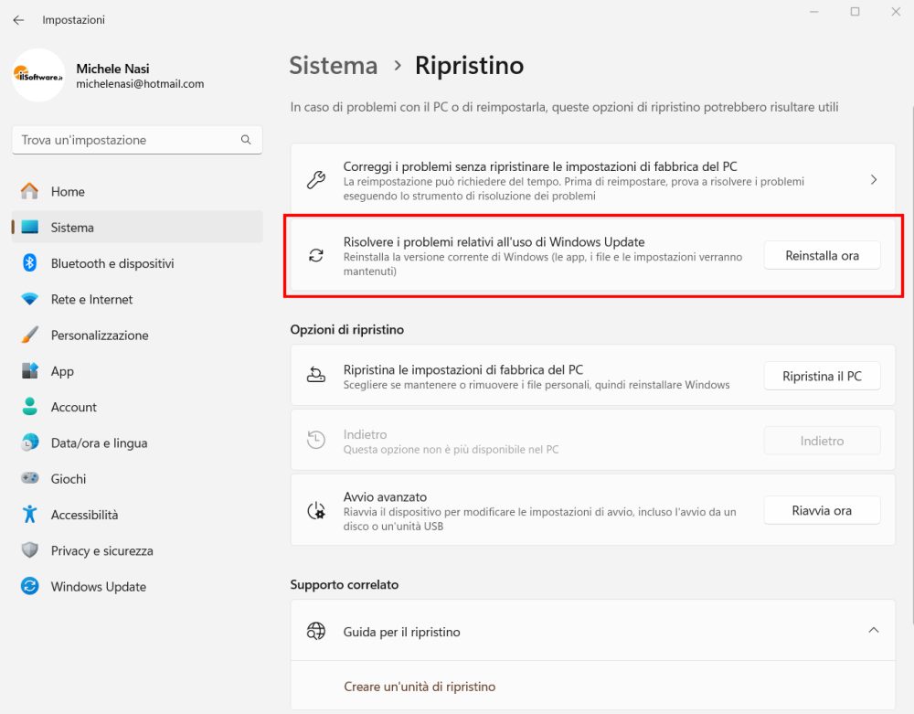 Risolvere problemi Windows 11 ripristino sistema