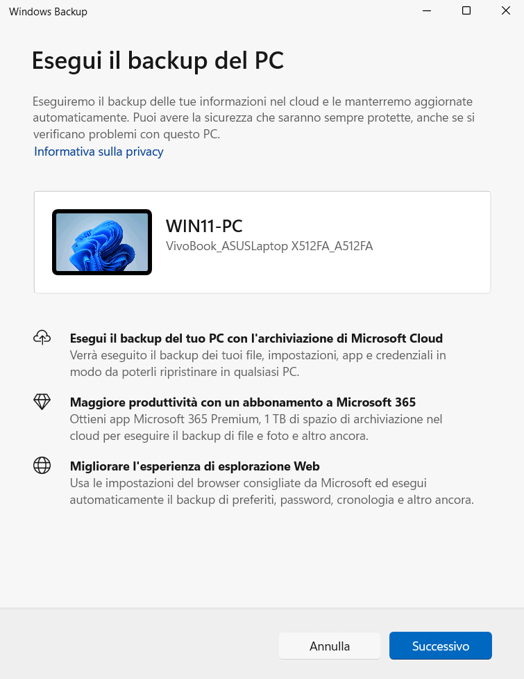 Applicazione Windows Backup