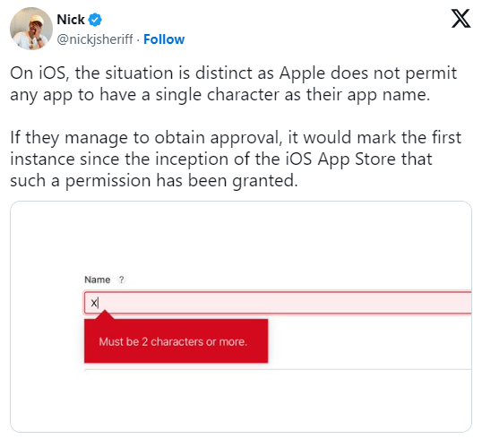 App Store - Apple - Numero minimo caratteri per nome applicazione