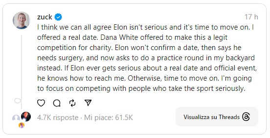 Mark Zuckerberg attacca Elon Musk - Threads