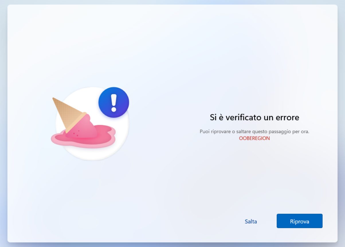 Errore OOBEREGION installazione Windows 11