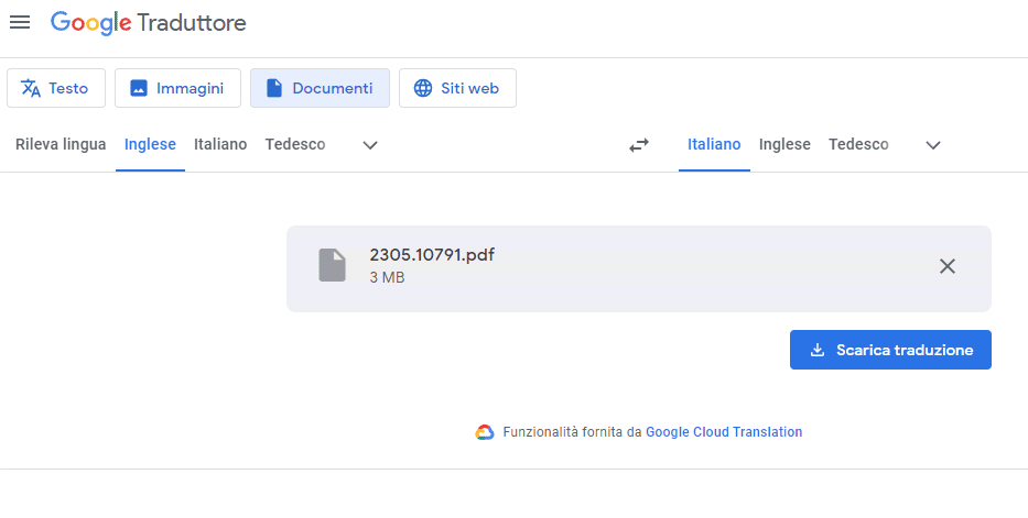Google Traduttore traduce documenti PDF