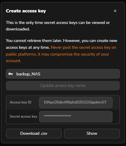 Backup NAS Cubbit configurazione chiavi accesso