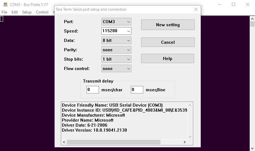 Bus Pirate: emulatore terminale USB