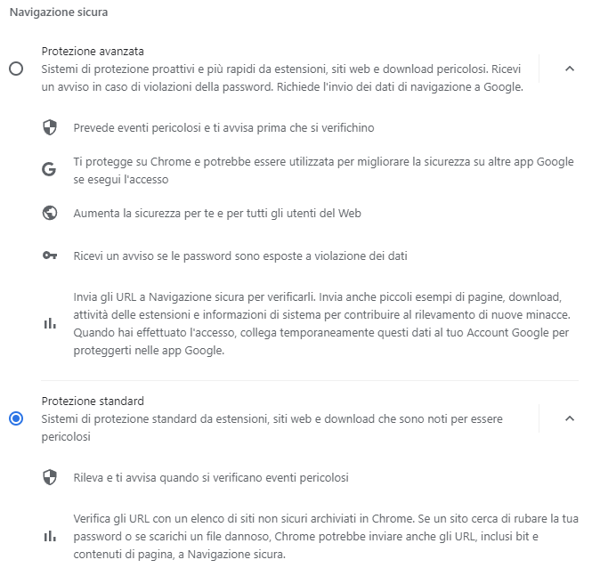 Differenza protezione avanzata e standard Chrome
