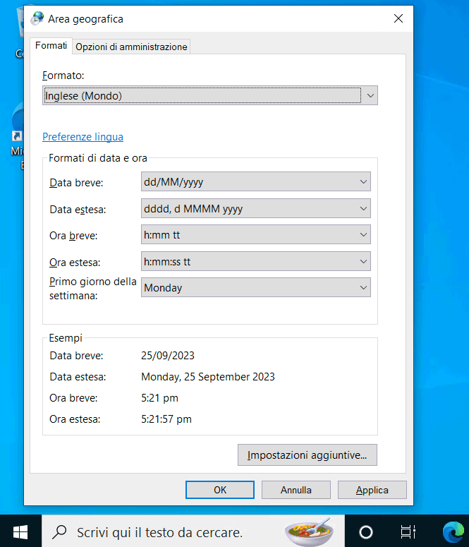 Formato area geografica Windows 10: impostazioni regionali
