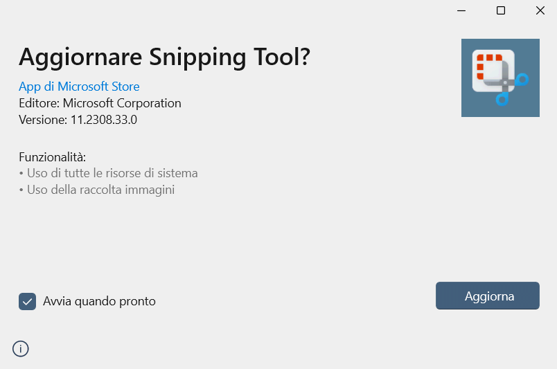 Snipping tool, aggiornamento