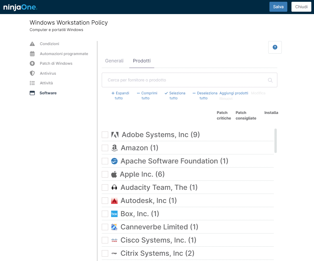 Patch software terze parti dashboard