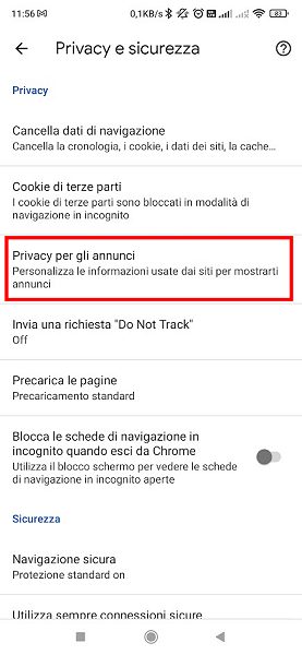 Configurazione privacy annunci Android