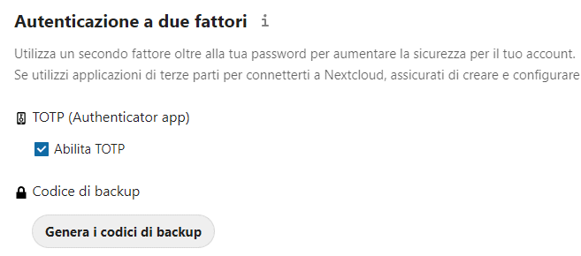 Autenticazione due fattori Nextcloud