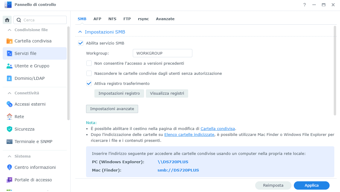 Impostazioni SMB NAS Synology