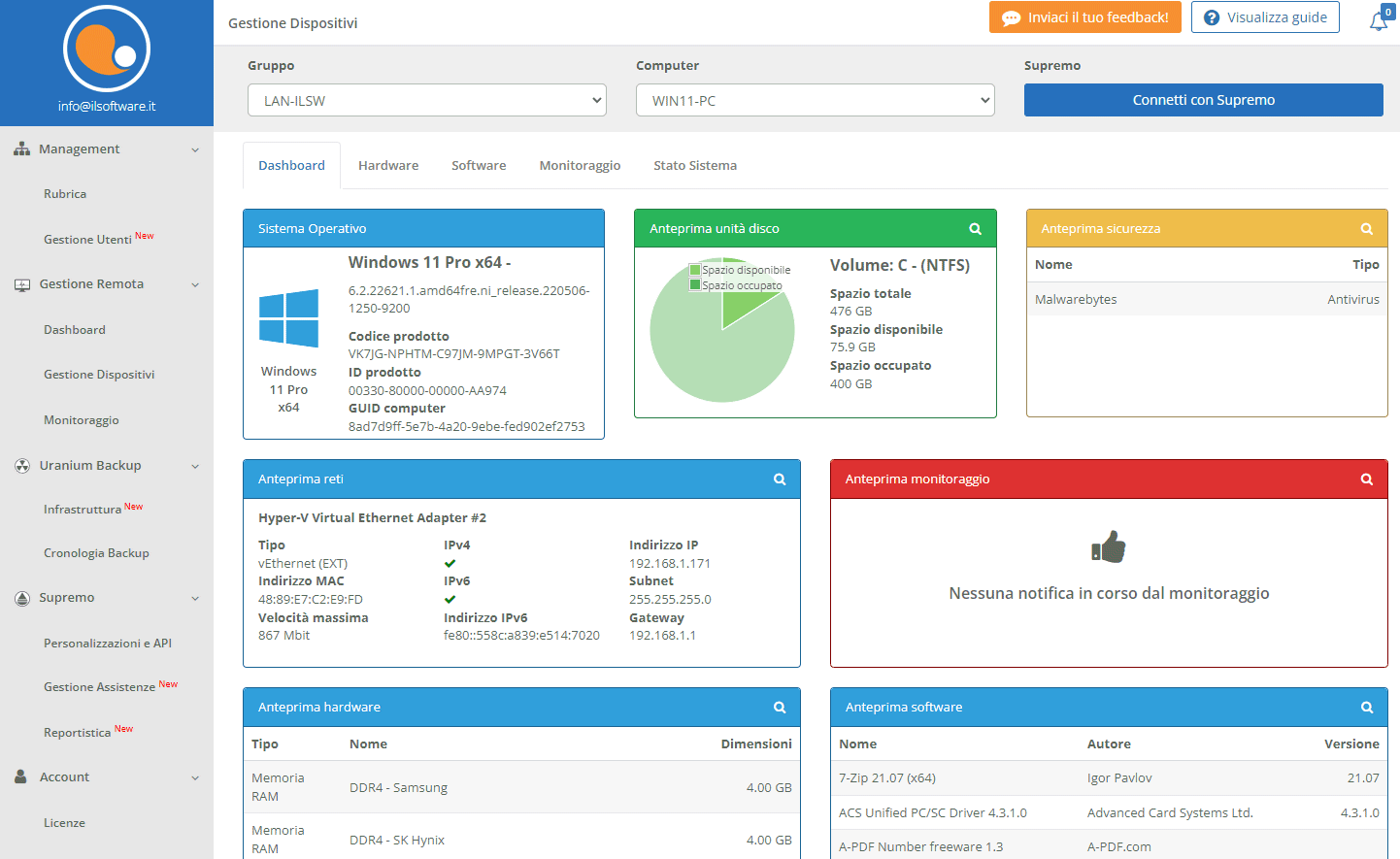 Monitoraggio a distanza sistemi Supremo RMM