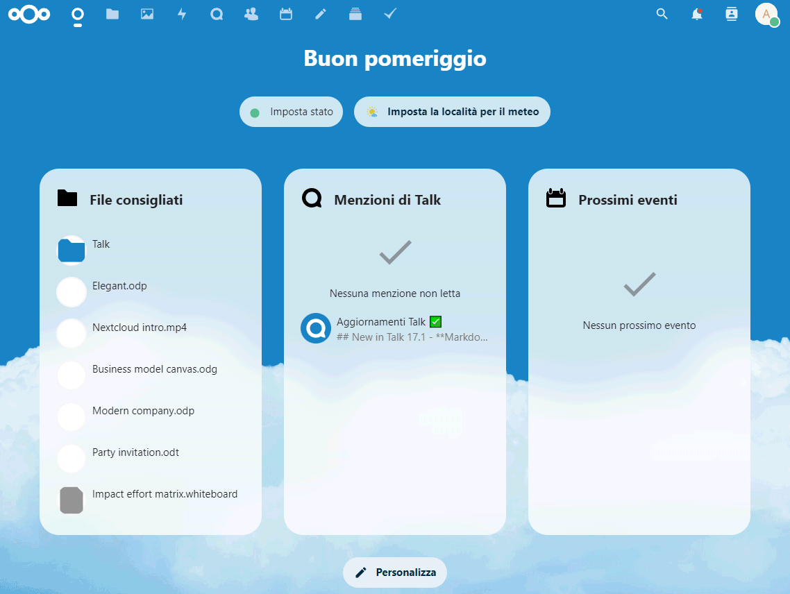 Nextcloud finestra benvenuto