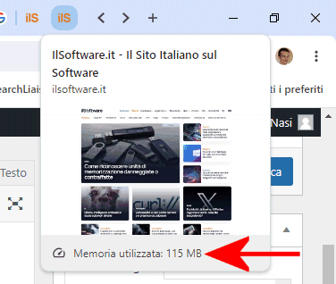 Occupazione memoria schede Chrome