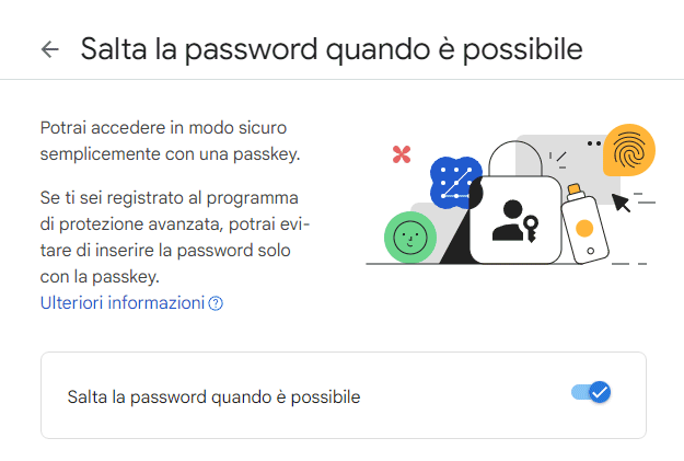 Saltare password con passkey Google