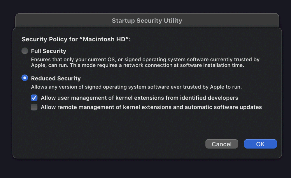 macOS Recovery, Security policy