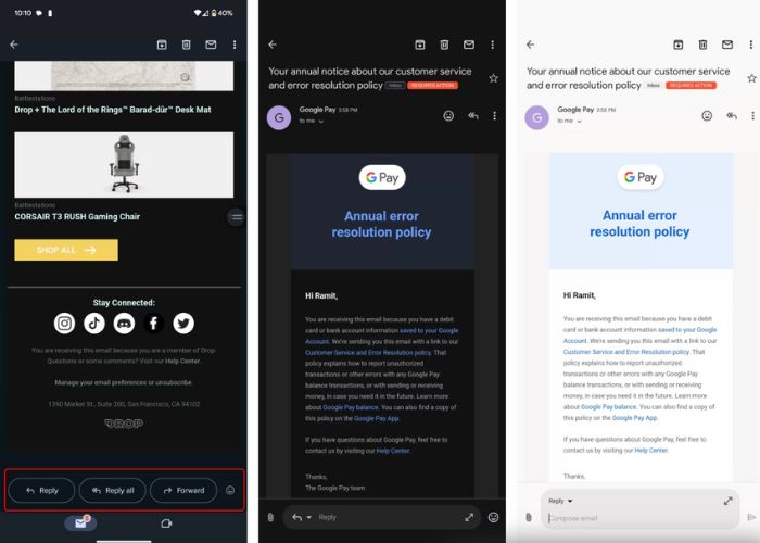 Google Gmail barra risposta rapida aggiornamento 