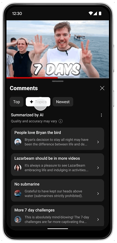 YouTube - Feature AI argomenti commenti