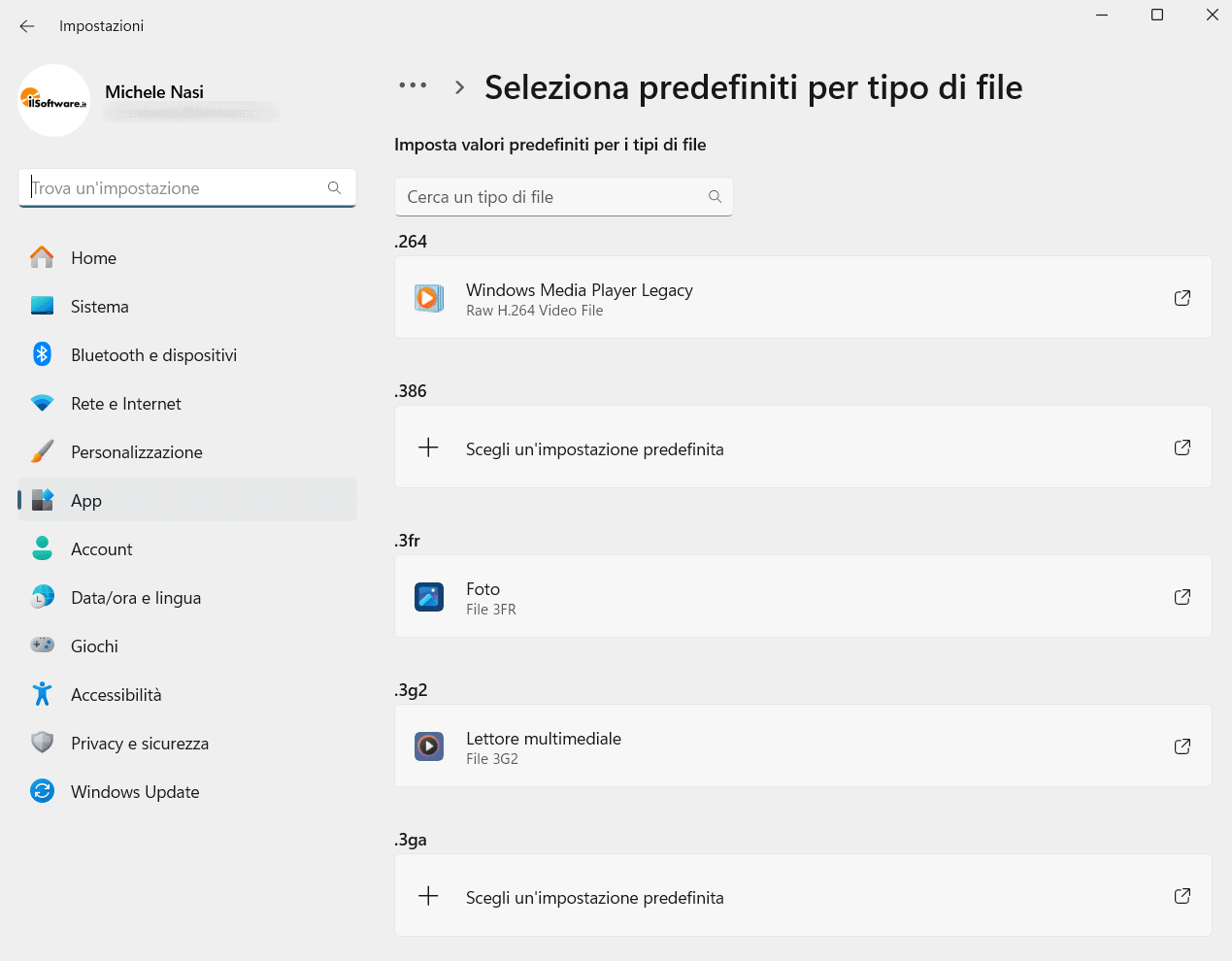 Programmi associati estensioni file Windows