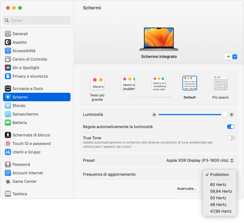 Impostazione frequenza refresh ProMotion